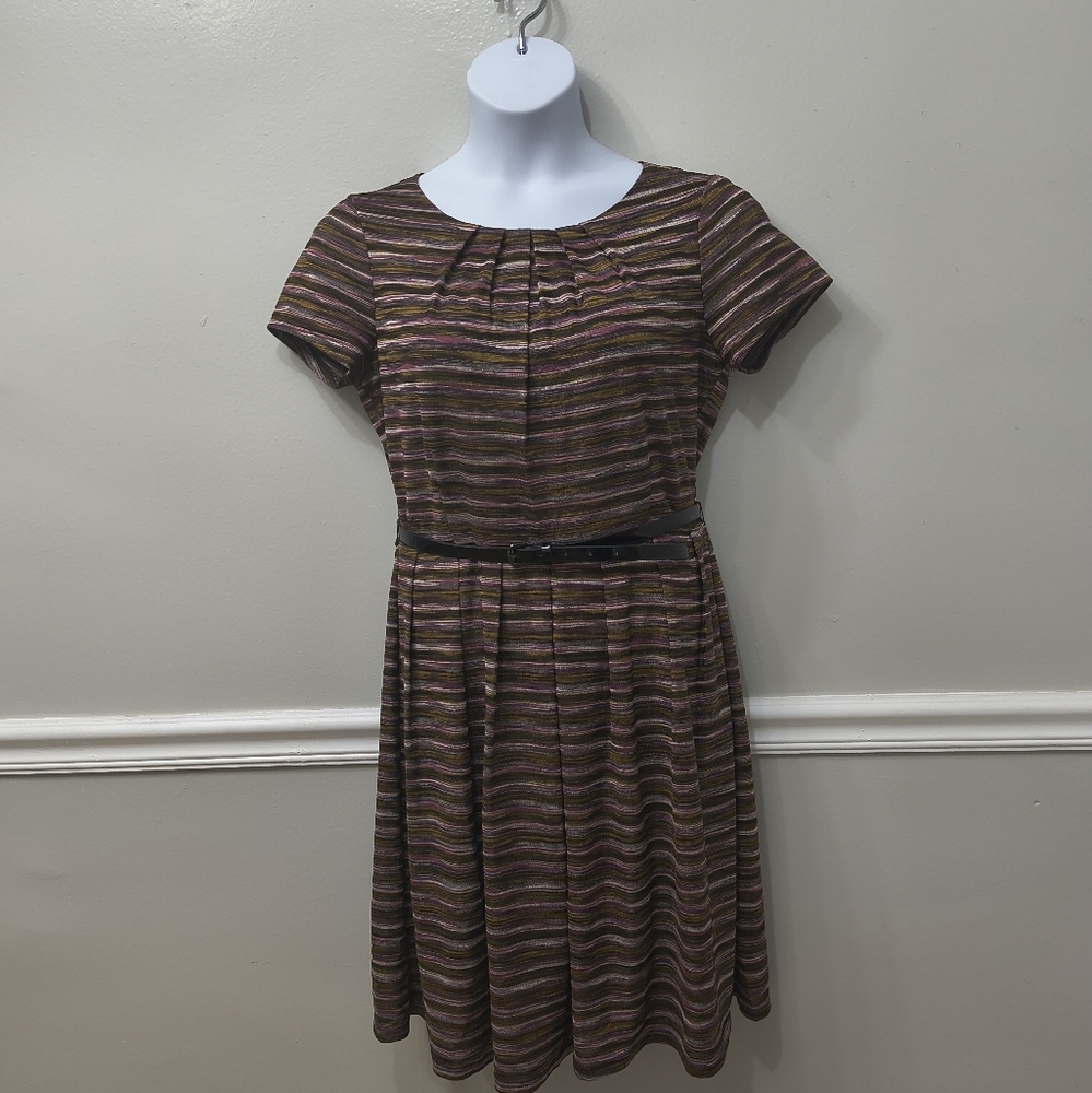Ellen Tracy Variegated Knit Midi Dress Belted Pleats Multicolor Size 14 Career